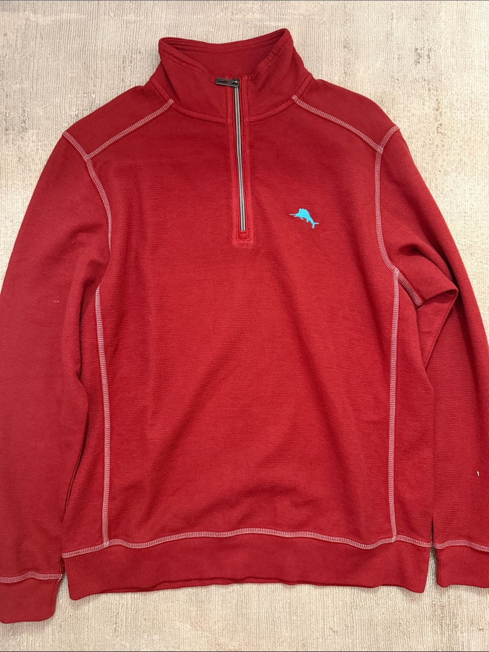 Tommy Bahama Men’s Red Quarter-Zip Pullover with Teal Dolphin Logo